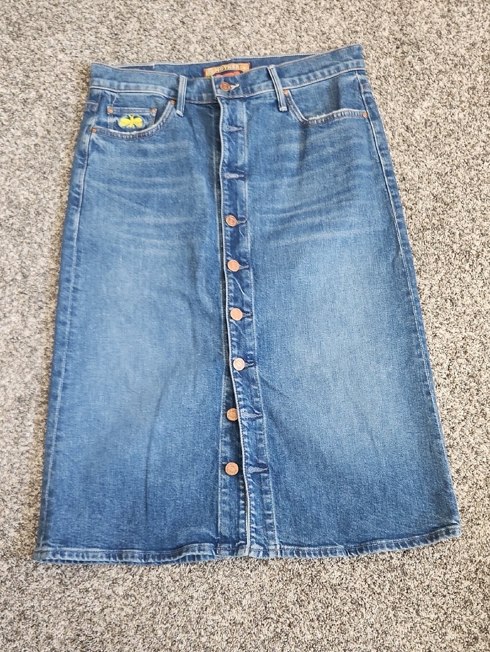 Mother Classic Blue Denim Button-Front Midi Skirt